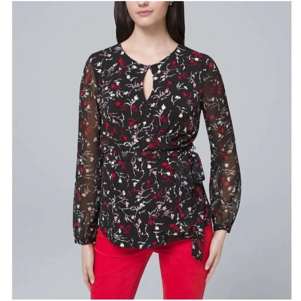 White House Black Market WHBM Medium Floral Top Tie Sheer‎ Sleeve Keyhole Shirt